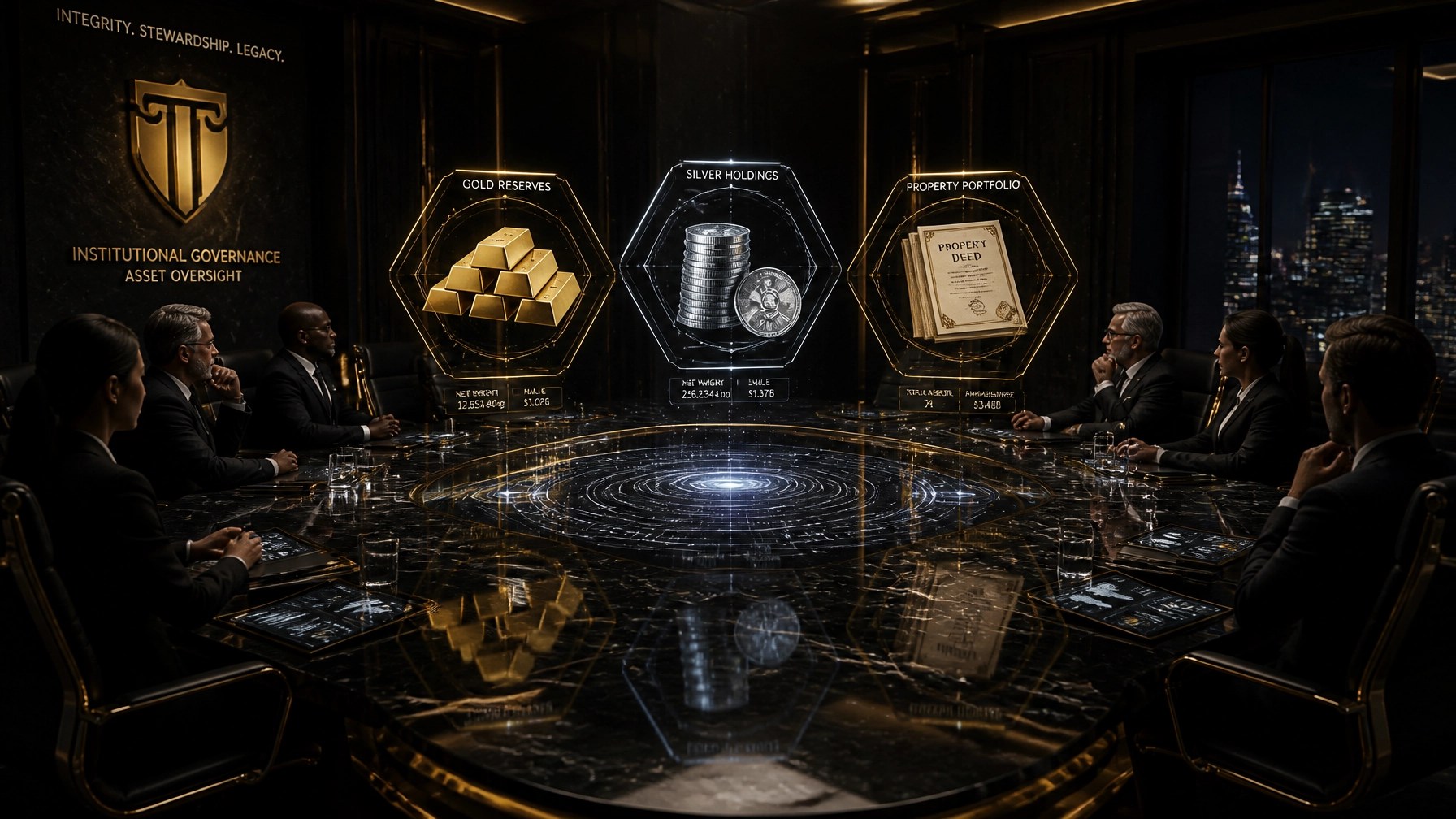 A futuristic boardroom showing holographic 3D models of gold and silver coins