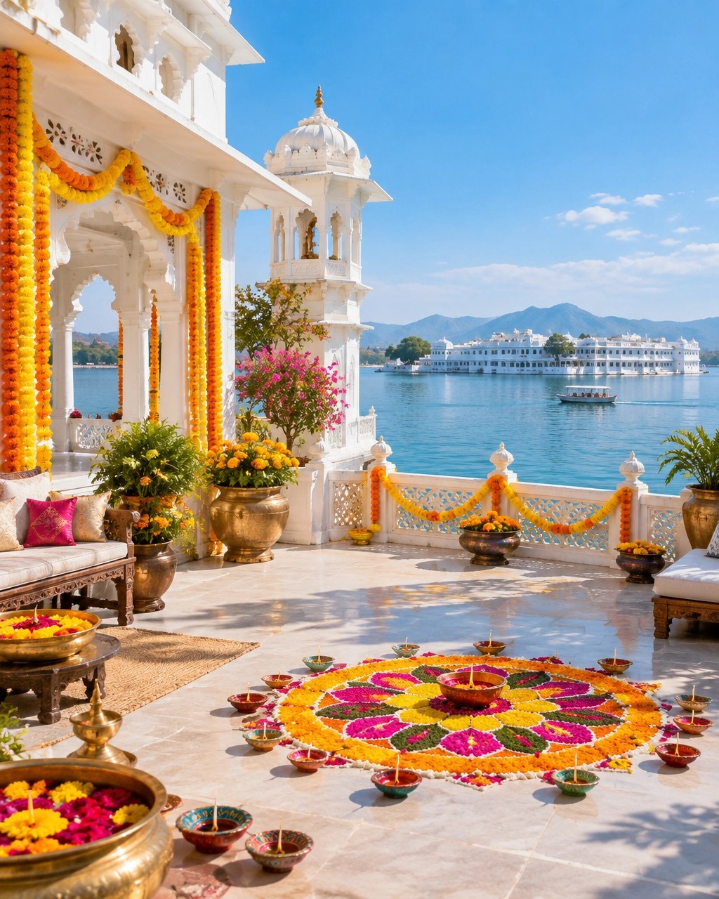 Sunlit Udaipur palace beside Lake Pichola with rangoli and Diwali decorations