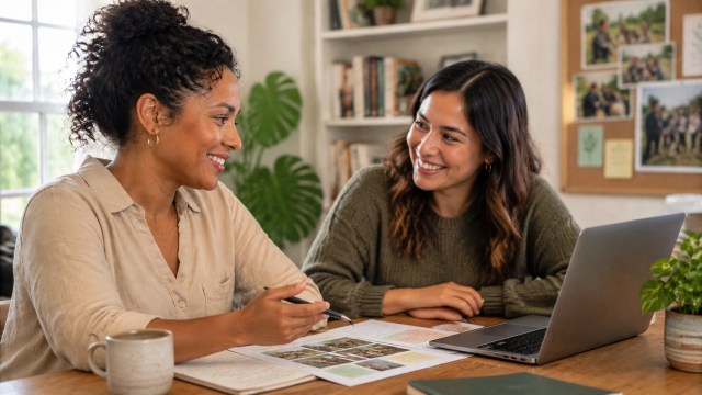 Nonprofit director and volunteer planning a human-led AI workflow