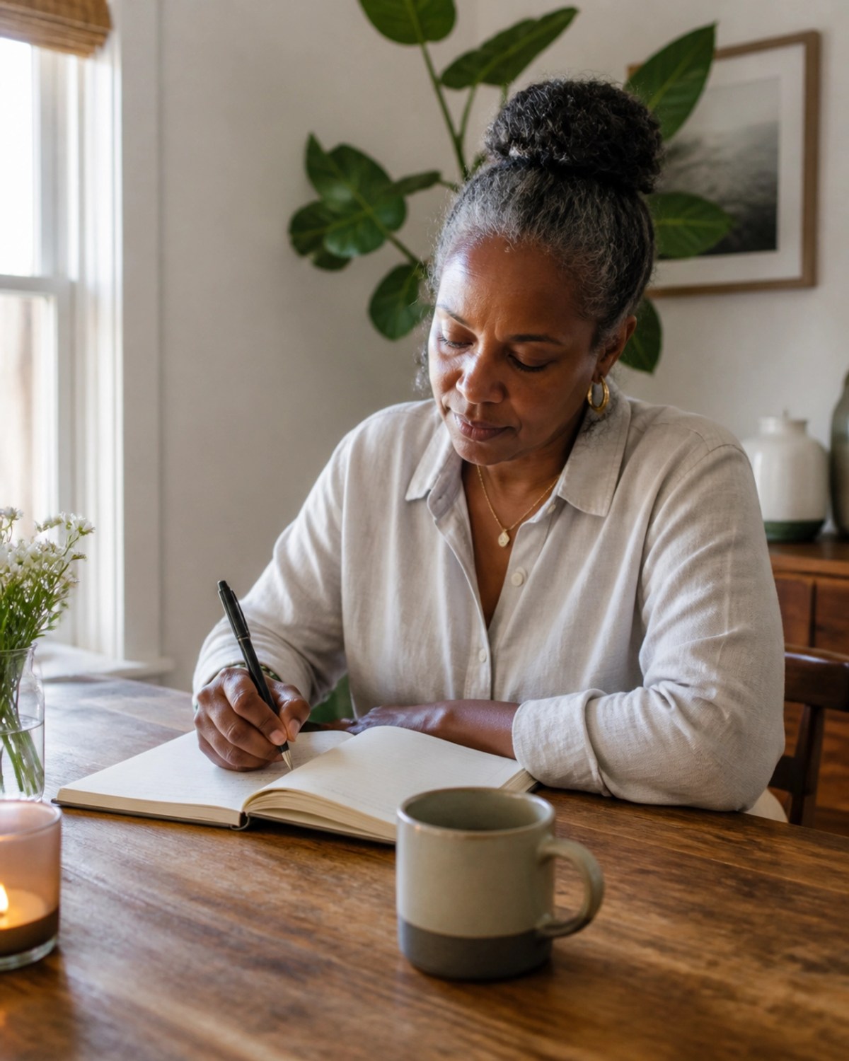 A woman sitting at a table, focused and calm while journaling in the morning light.