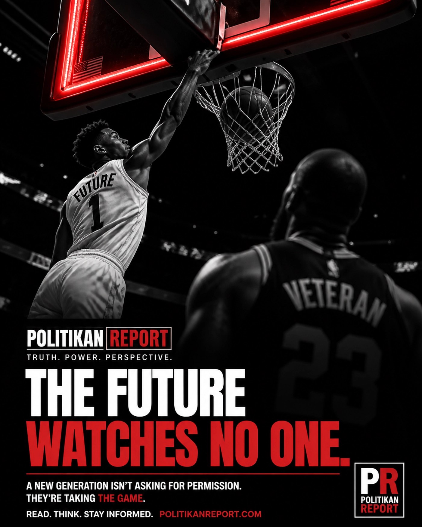 Young NBA player dunking over veteran silhouette during high-stakes playoff game.