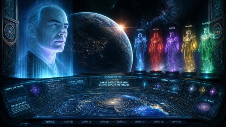 Zordon overlooking star maps and cosmic interfaces