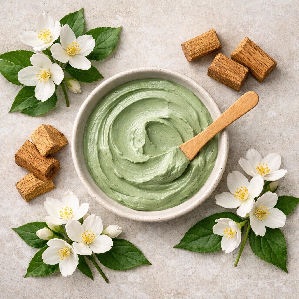 DIY face mask using French green clay, fresh jasmine, and sandalwood for a radiant complexion.