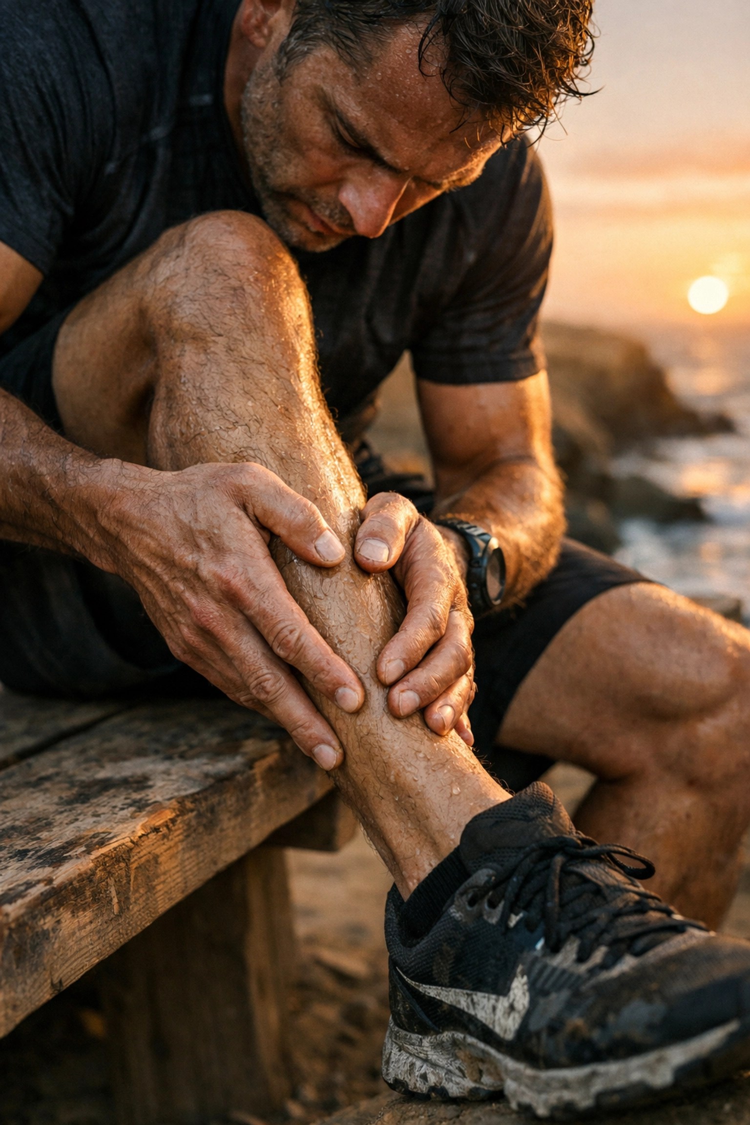 Athlete massaging lower leg for shin splints relief during a post workout recovery session in San Diego.