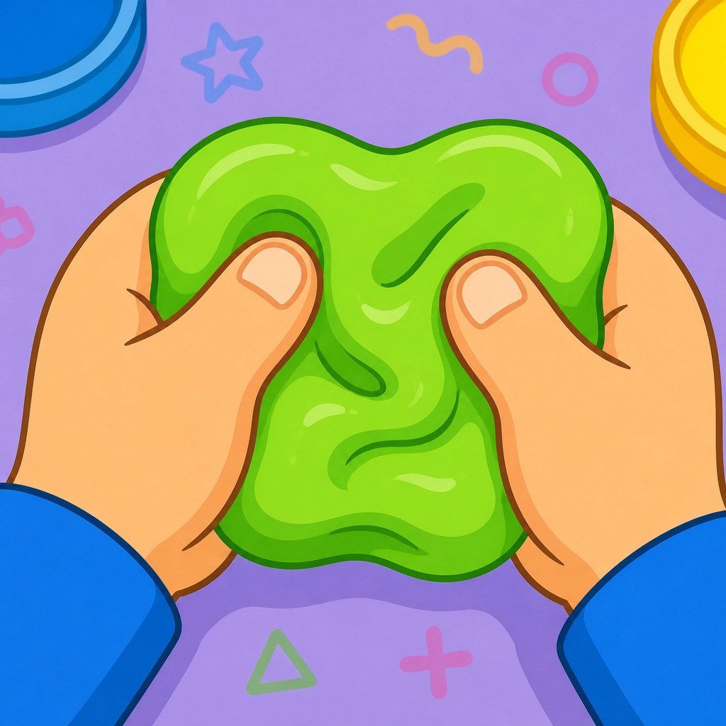 A close-up 2D cartoon-style illustration of a child's hands squeezing a bright green piece of therapy putty.
