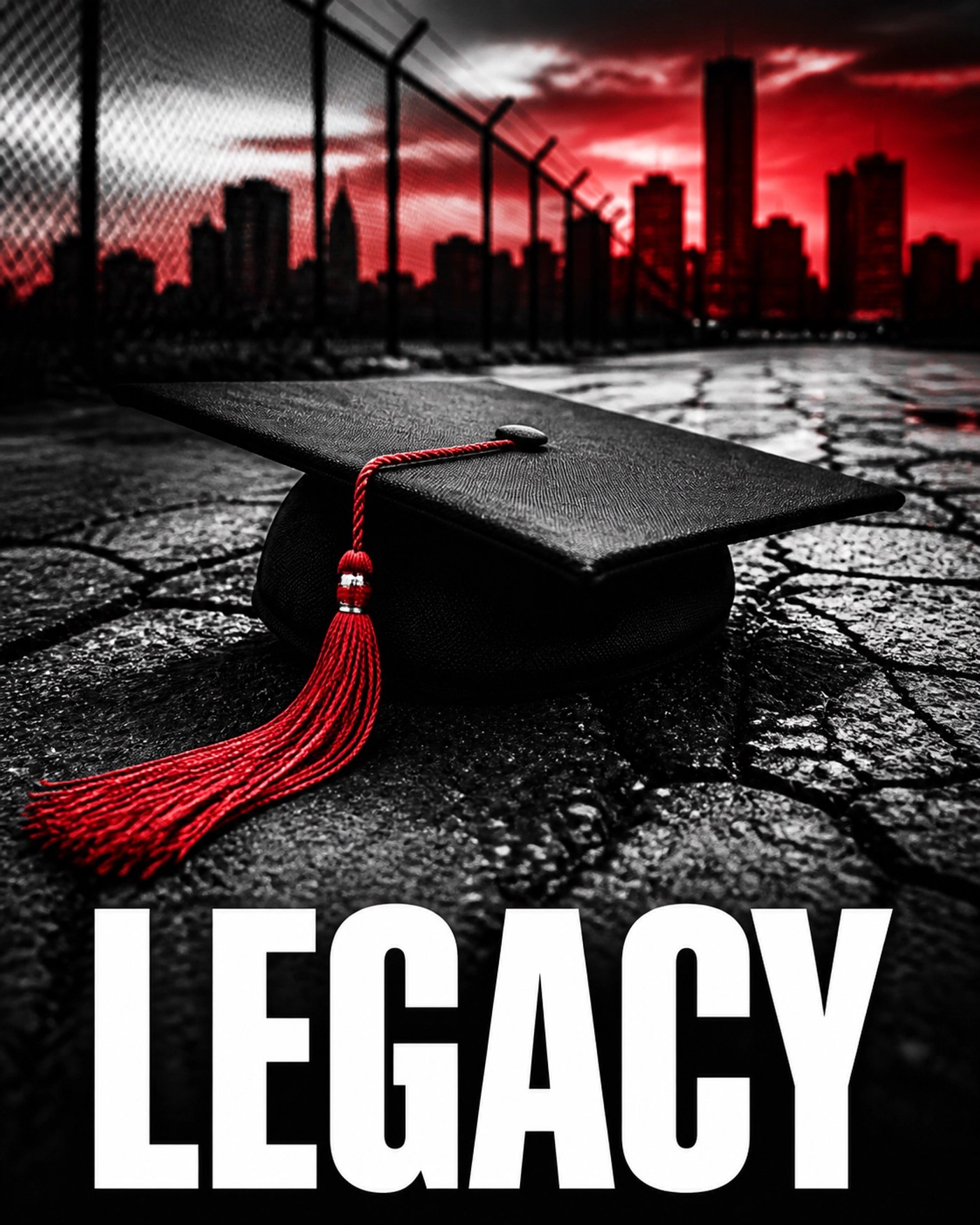 Black graduation cap on an urban street with LEGACY text, symbolizing community achievement and progress.