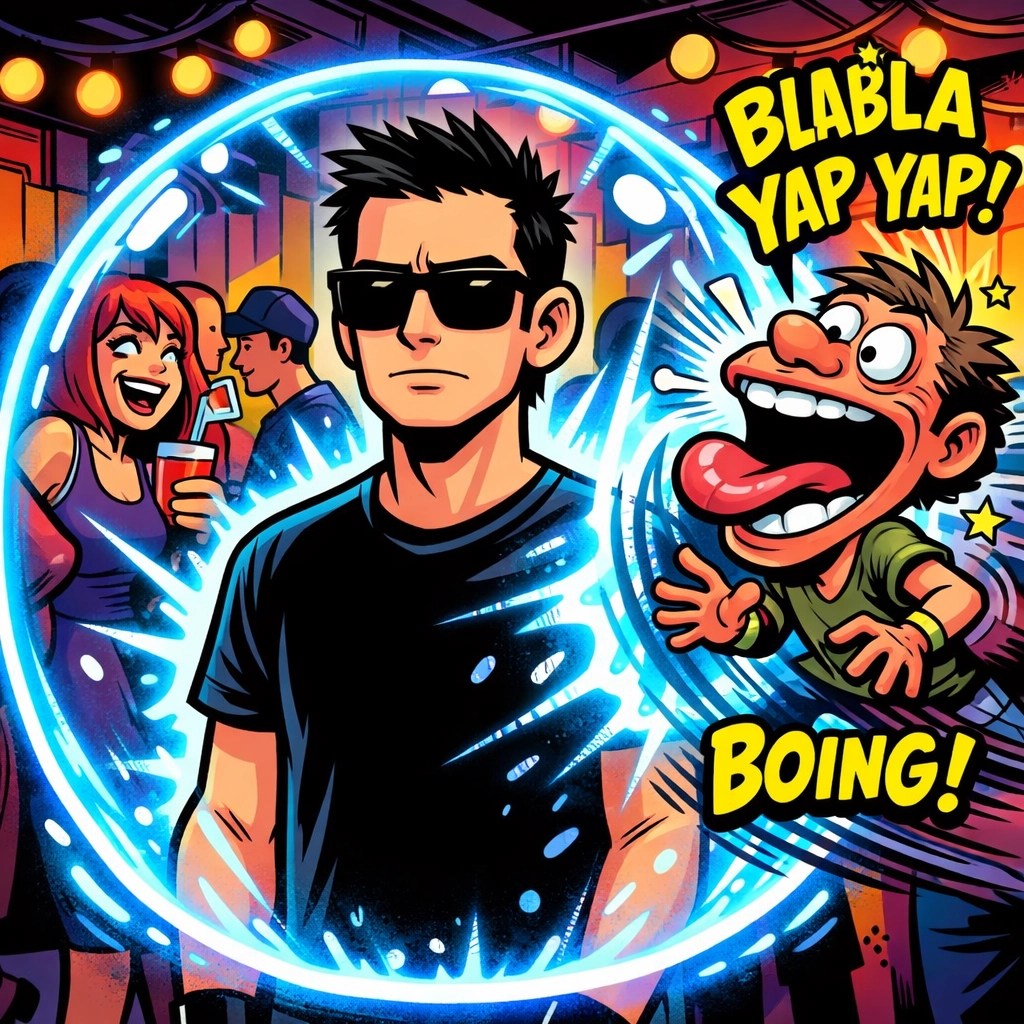 A man wearing a witty t-shirt that acts as a social filter, blocking out annoying small talk in a crowd.