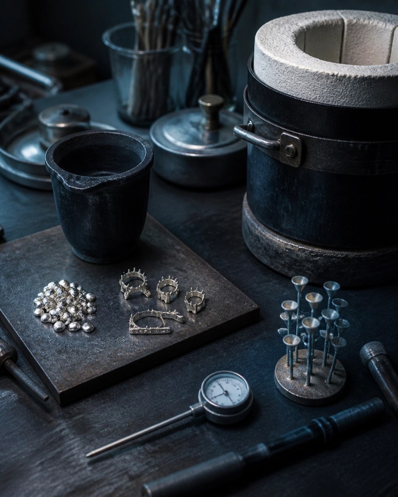 Clean alloy, crucible, investment flask, and temperature-control tools on a jewelry bench