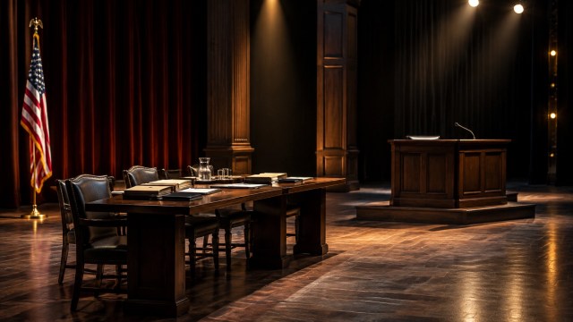 A courtroom-inspired theater stage with a witness stand, legal files and an American flag