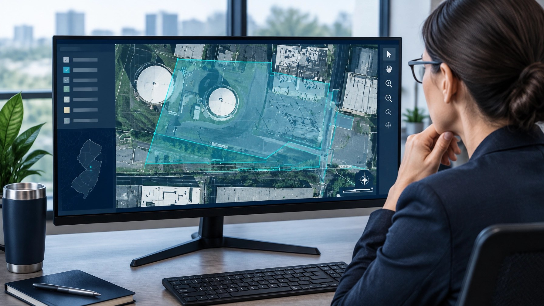 Environmental professional reviewing a geospatial map showing an indoor-air notification boundary around urban New Jersey buildings