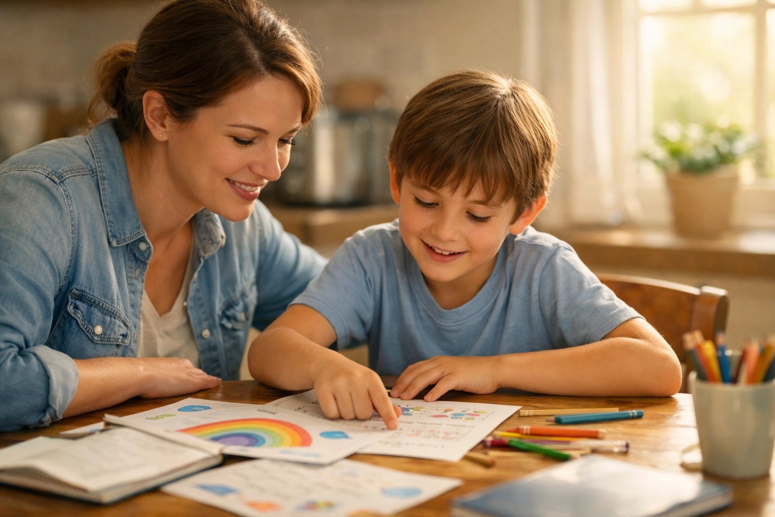 Parent and child reviewing schoolwork together at home after concerning school screening results