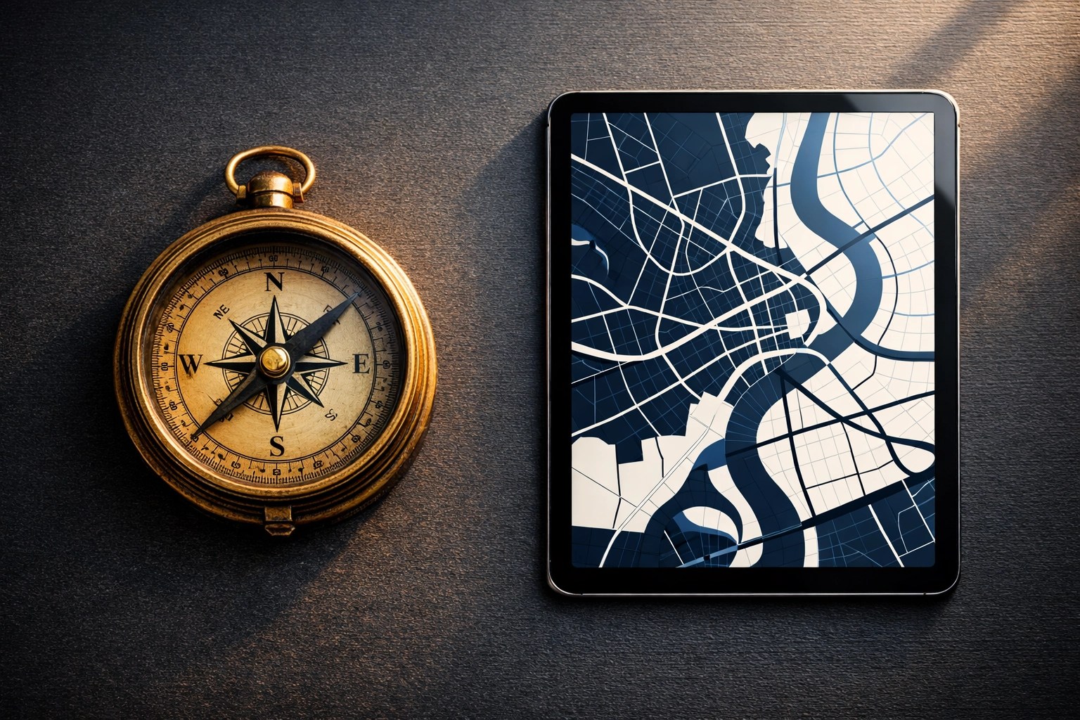 Antique compass and digital tablet map symbolizing different strengths of AI and human intelligence.