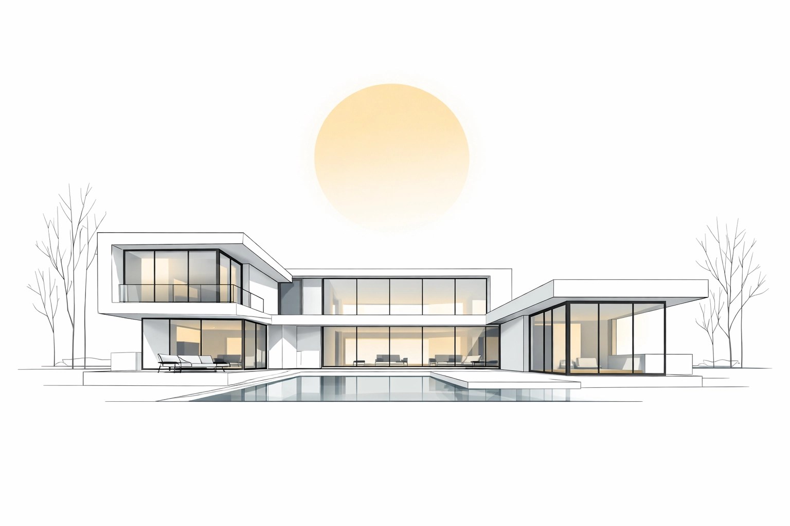Completed modern custom dream home featuring large windows and elegant architecture on a minimalist background.