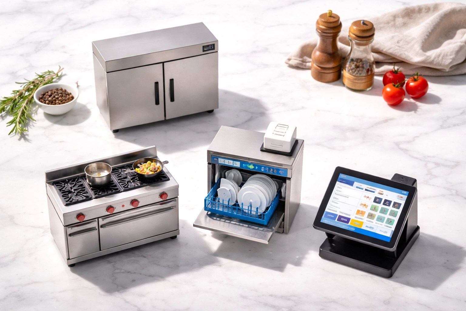 Assorted commercial kitchen equipment highlighting options for business equipment finance and leasing