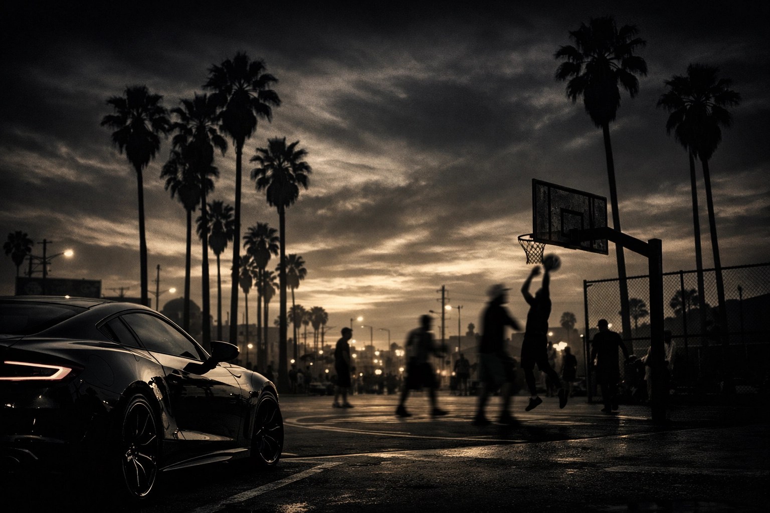 Moody Los Angeles street scene featuring palm trees and a neighborhood basketball court.