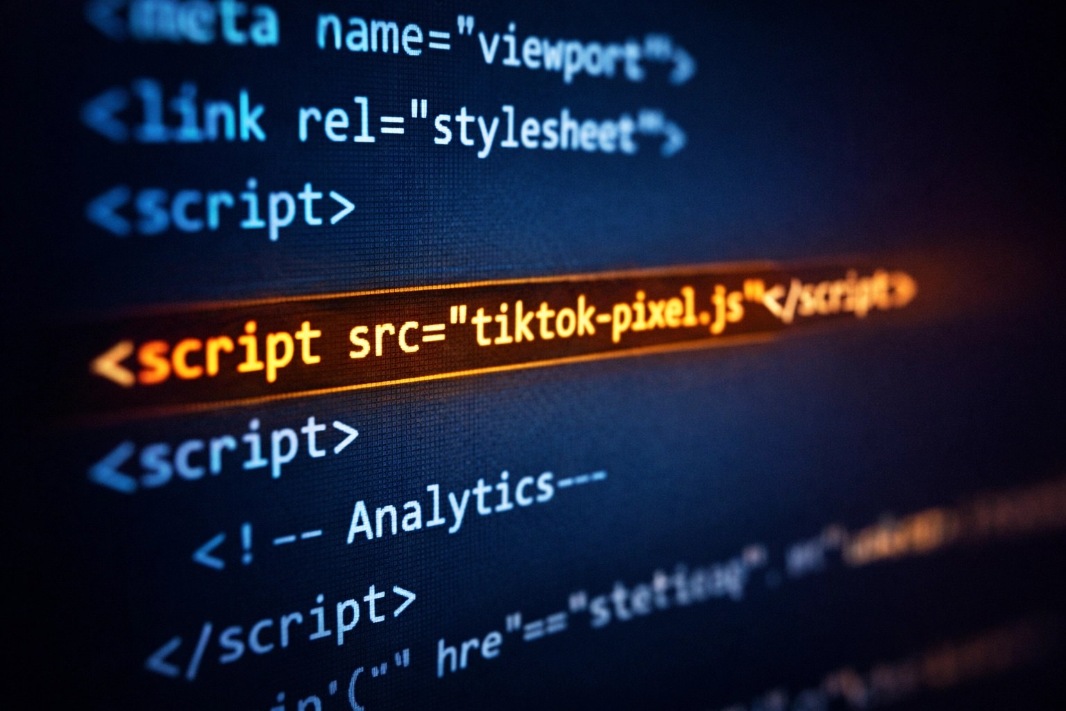 Computer screen showing TikTok pixel tracking code embedded in website HTML
