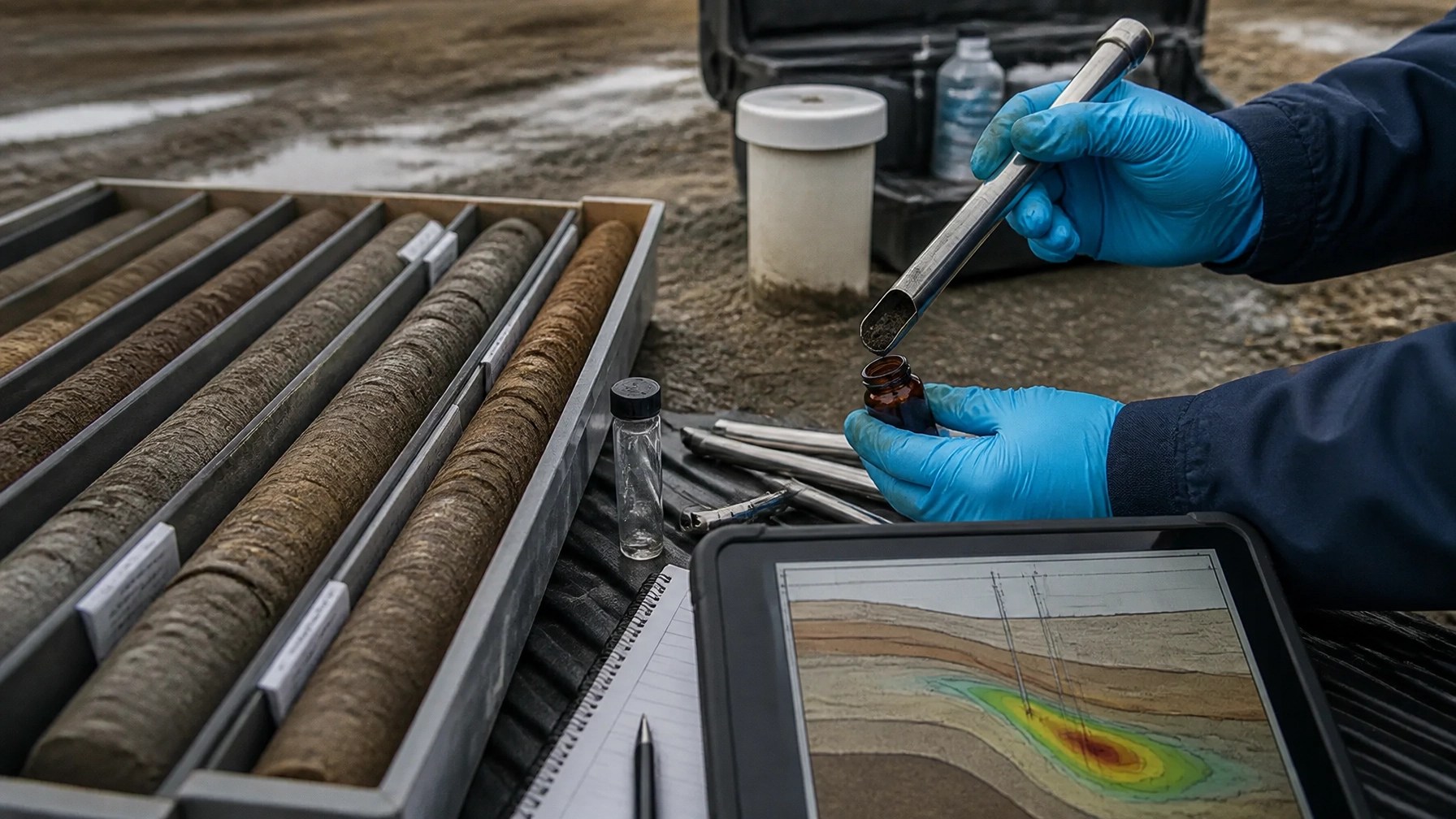 Soil boring cores, groundwater monitoring equipment, and subsurface contamination mapping for an NJDEP investigation