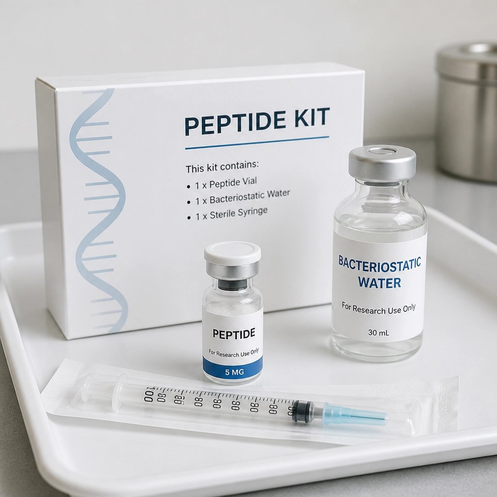 A high-quality, clinical photo of a 'Peptide Kit' containing a small glass vial, a bottle of bacteriostatic water, and a sterile syringe on a clean clinical tray. Minimalistic, soft lighting, neutral background.