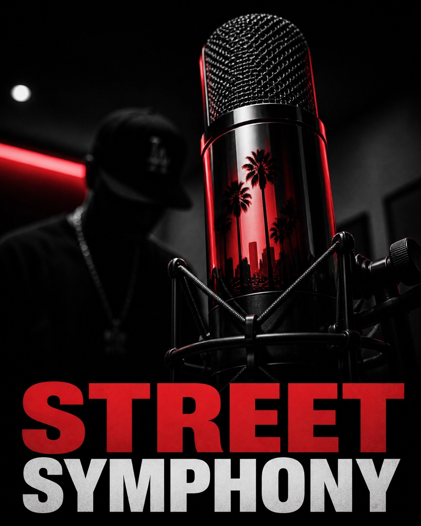 Studio microphone with a red palm tree reflection representing West Coast hip hop culture.