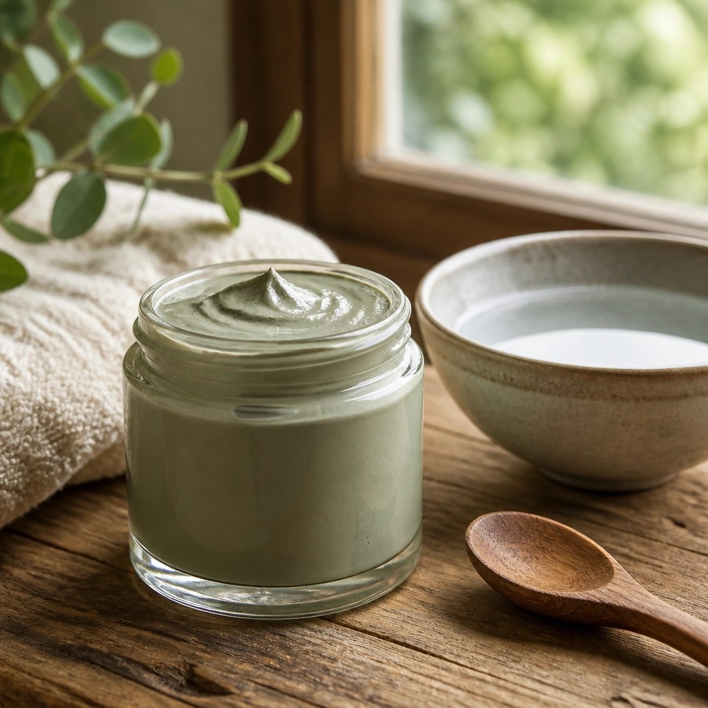 A jar of smooth French green clay with a wooden spoon, representing a natural and simple preparation.