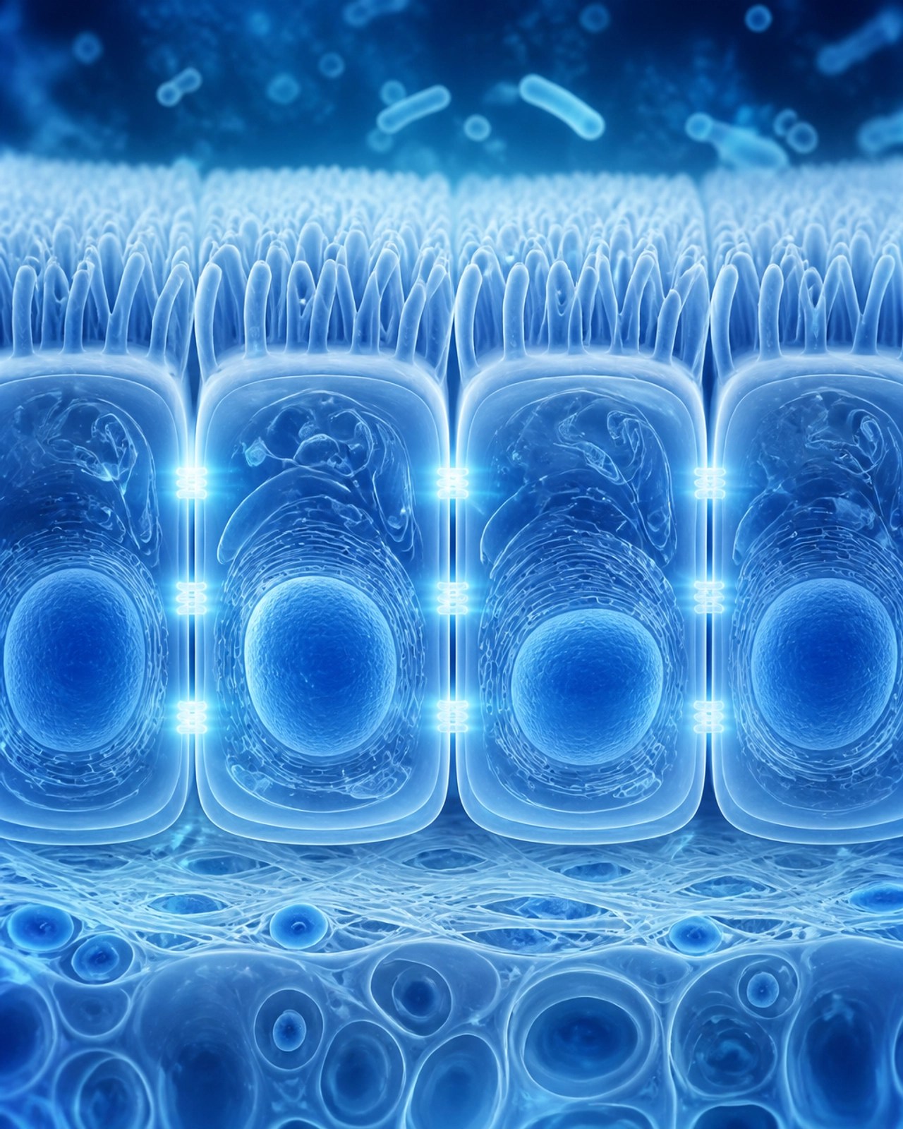 Abstract illustration of gut tight junctions glowing with medical precision