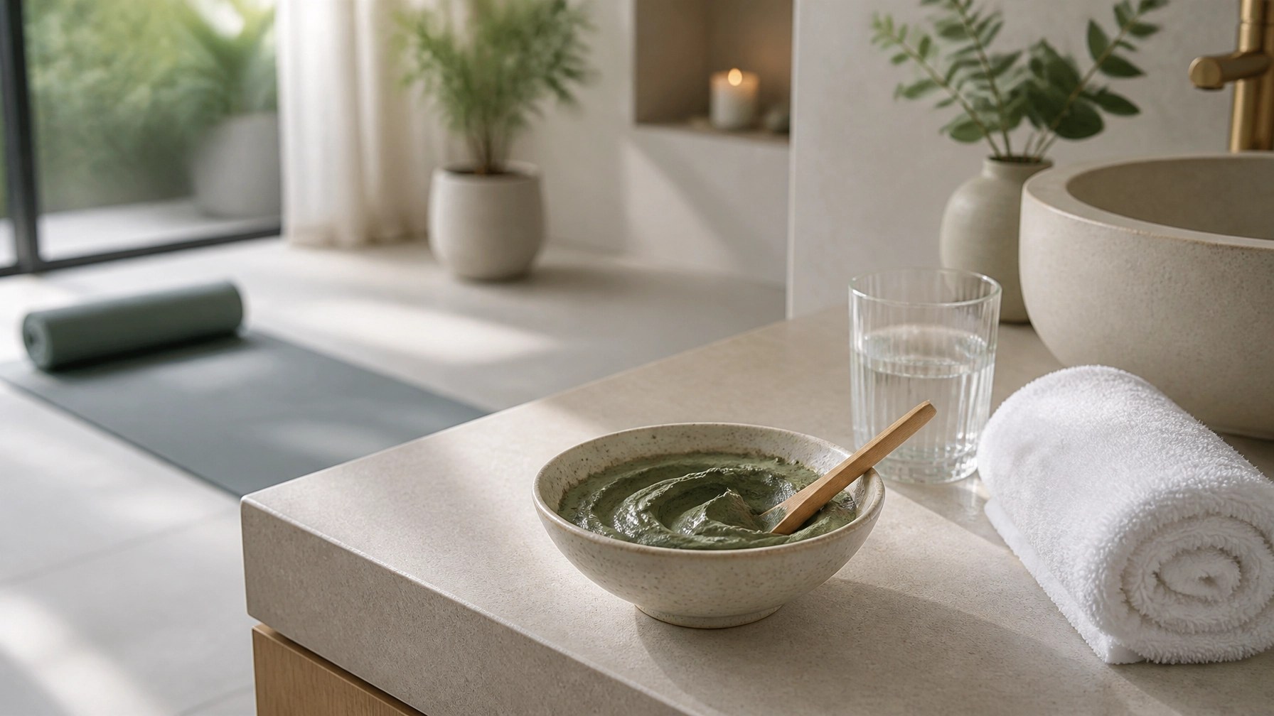 Minimalist wellness setting with green clay