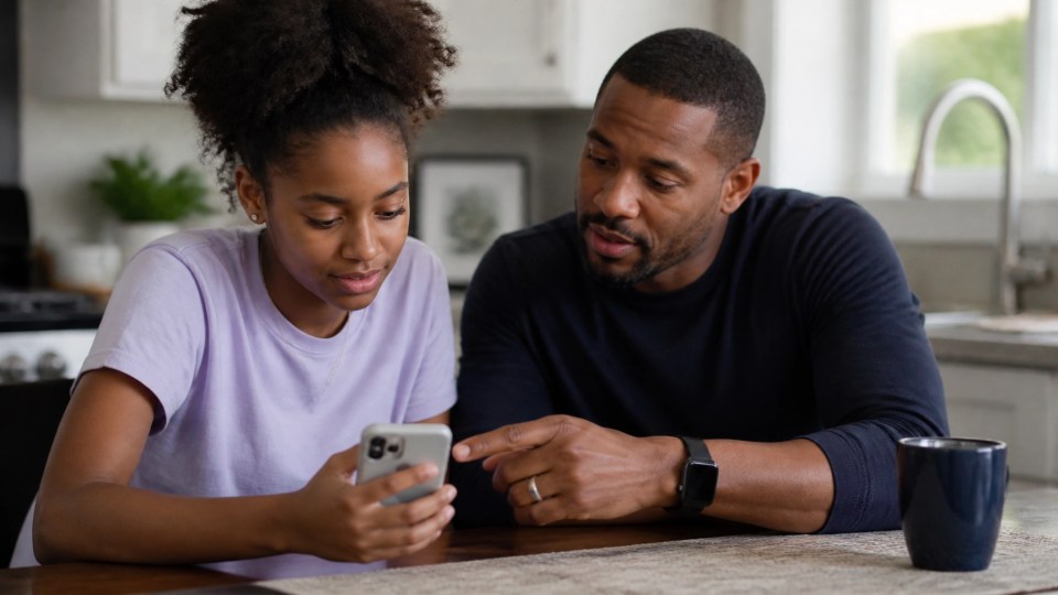 Black father and teenage daughter checking privacy settings together at a kitchen table