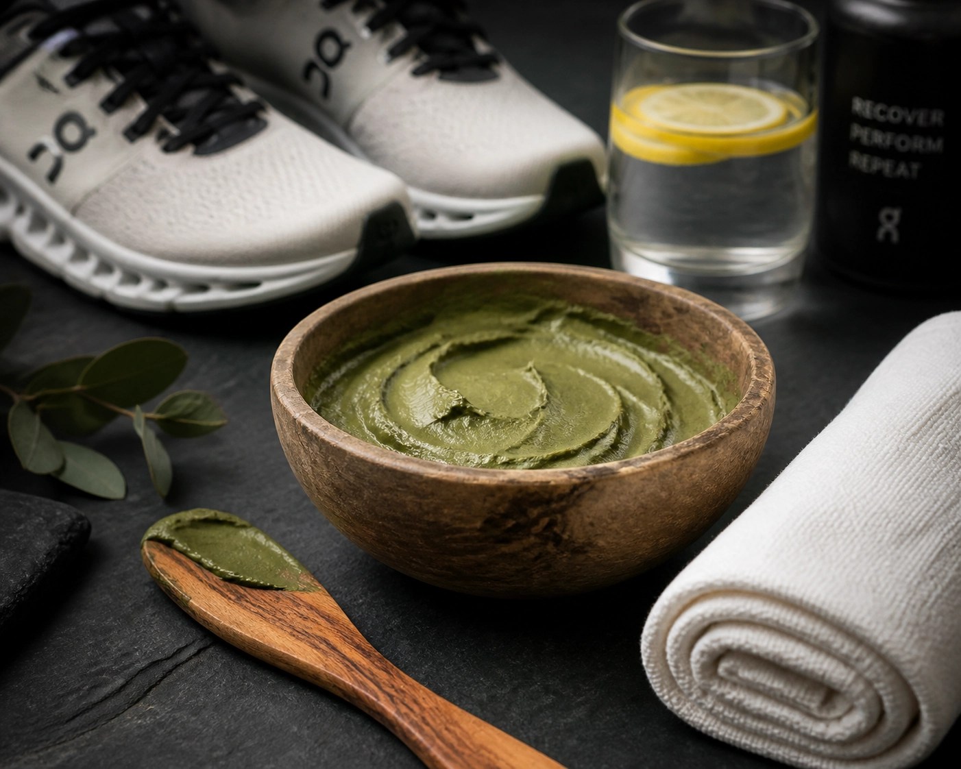 Professional sports recovery kit featuring green clay paste, wooden tools, and running gear.
