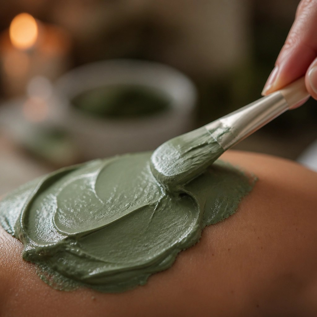 Close-up of green clay texture on skin