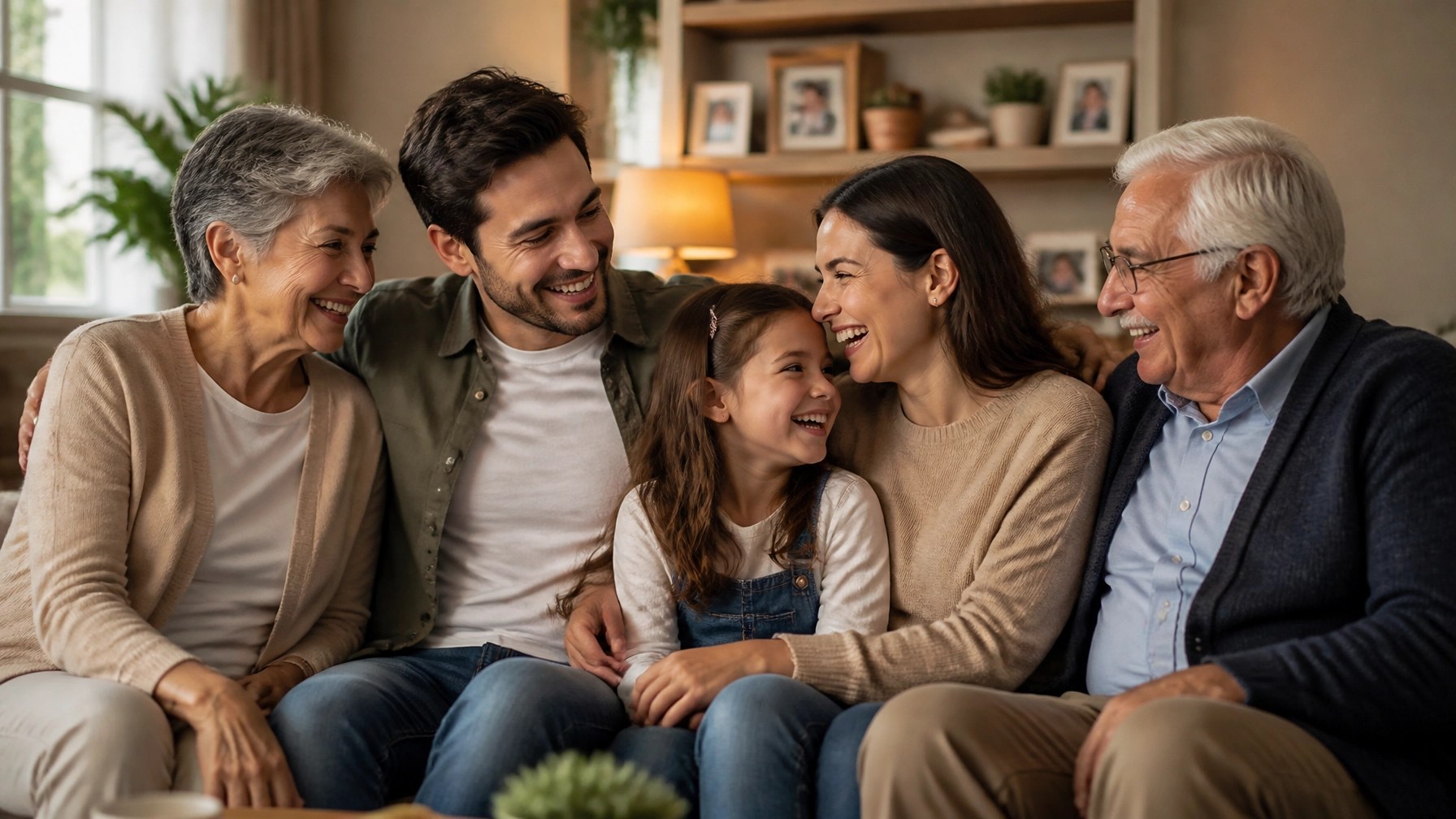 A multi-generational family laughing together on a sofa, symbolizing the protection provided by final expense insurance