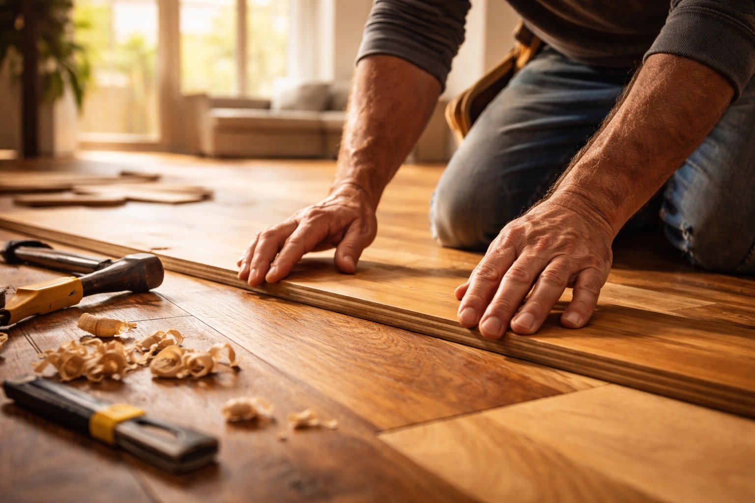 Close-up of a craftsman's hands installing quality hardwood flooring, showcasing expert construction workmanship.