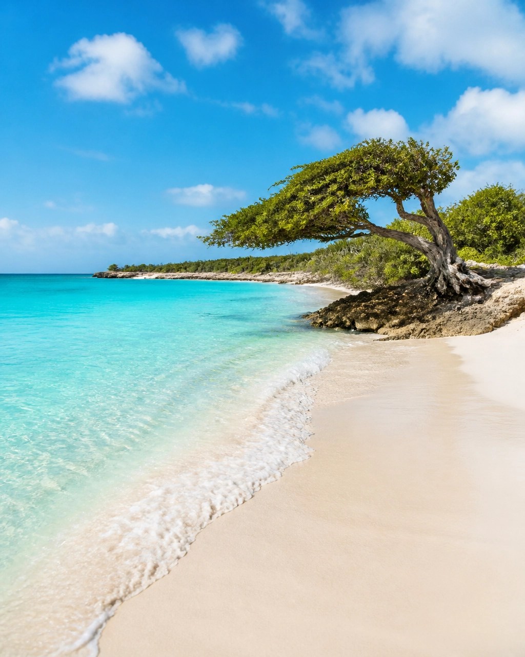 Aruba’s wide, uncrowded Eagle Beach with turquoise water and wind-shaped trees