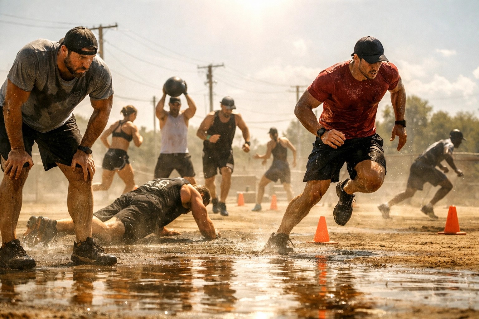 Athletes training outdoors in summer heat with sweat-soaked clothing
