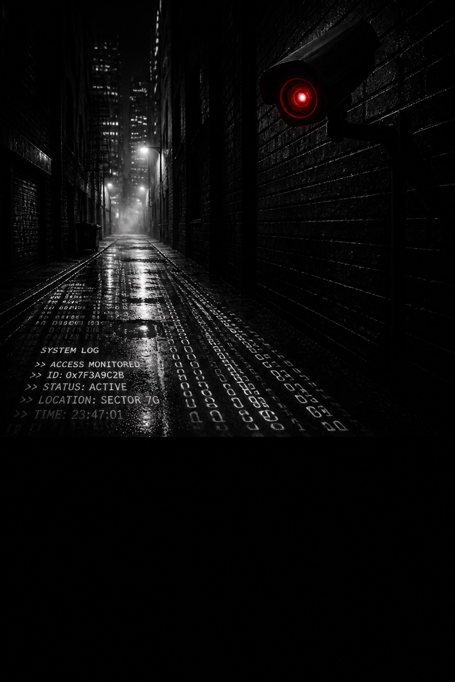 Security camera lens in a dark alley representing government surveillance and Section 702 privacy issues.