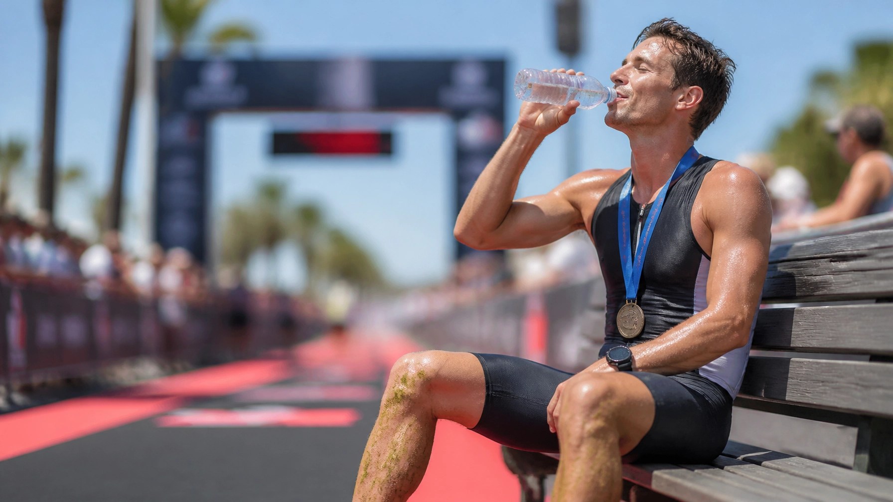 Athlete resting after race with clay on calves