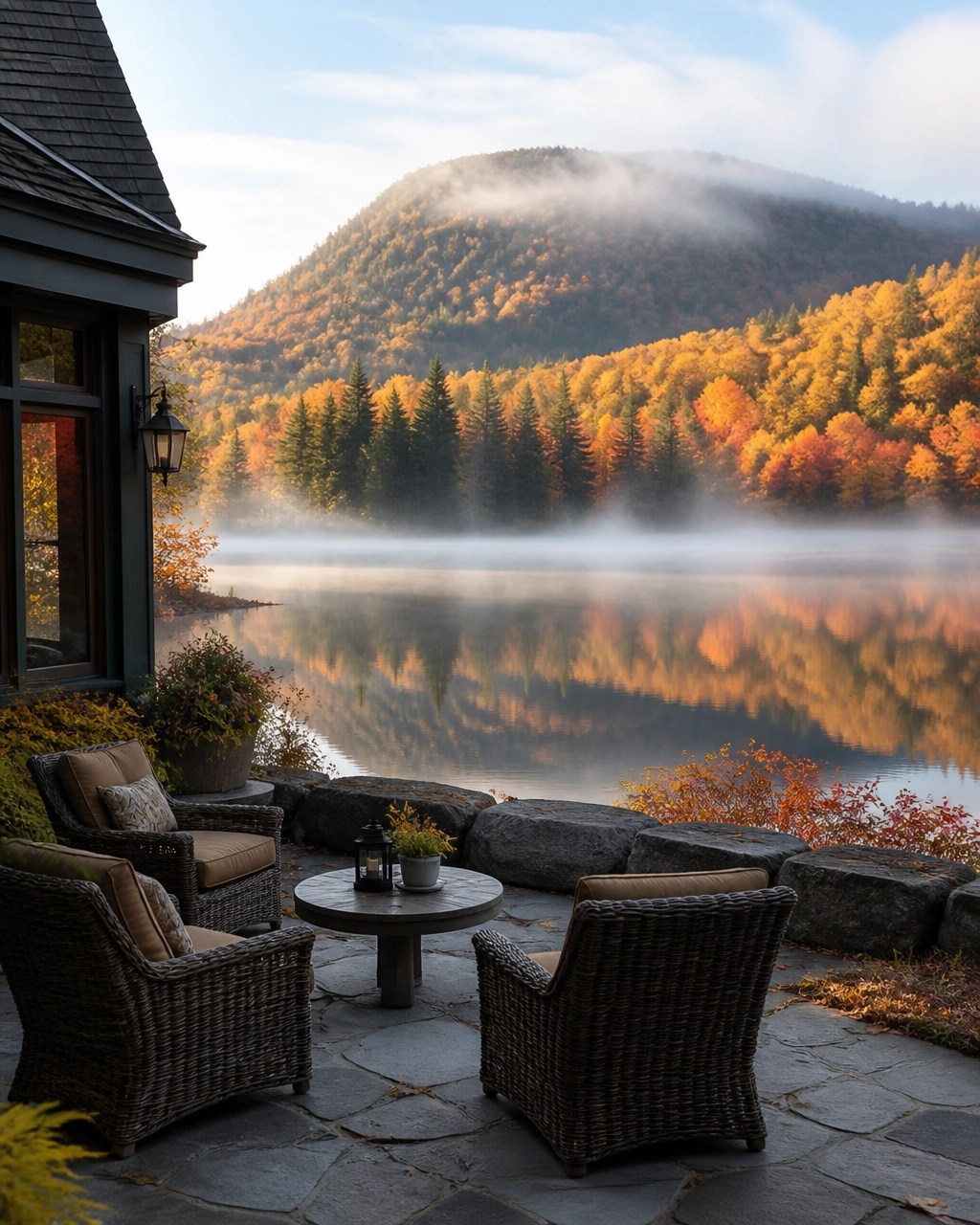 Quiet Adirondacks lakeside lodge terrace surrounded by red and gold autumn foliage
