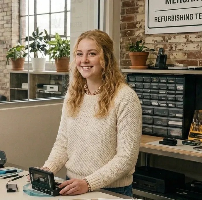 Technician at workbench repairing electronics