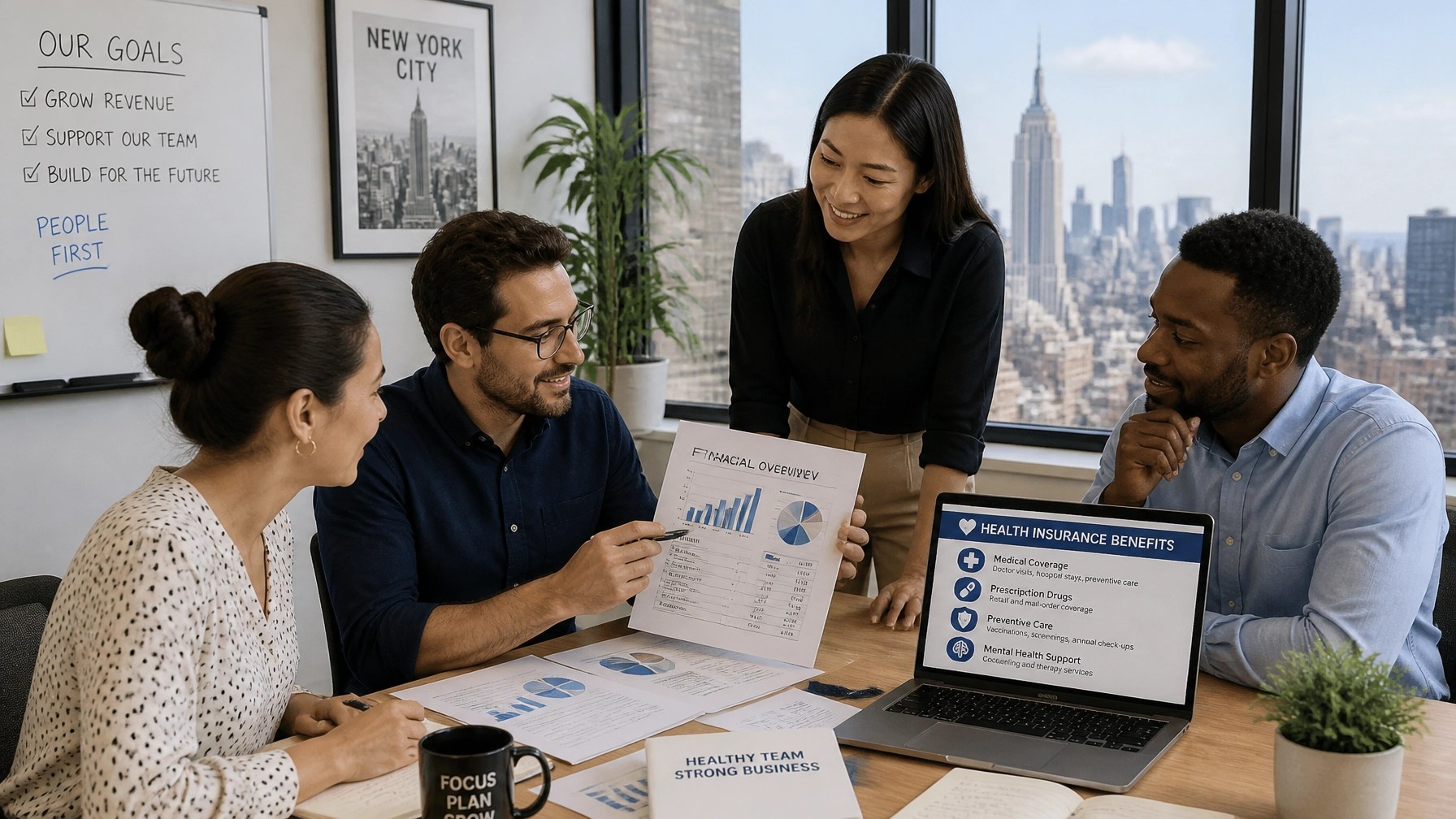 Small business team collaborating over financial charts and health insurance benefits