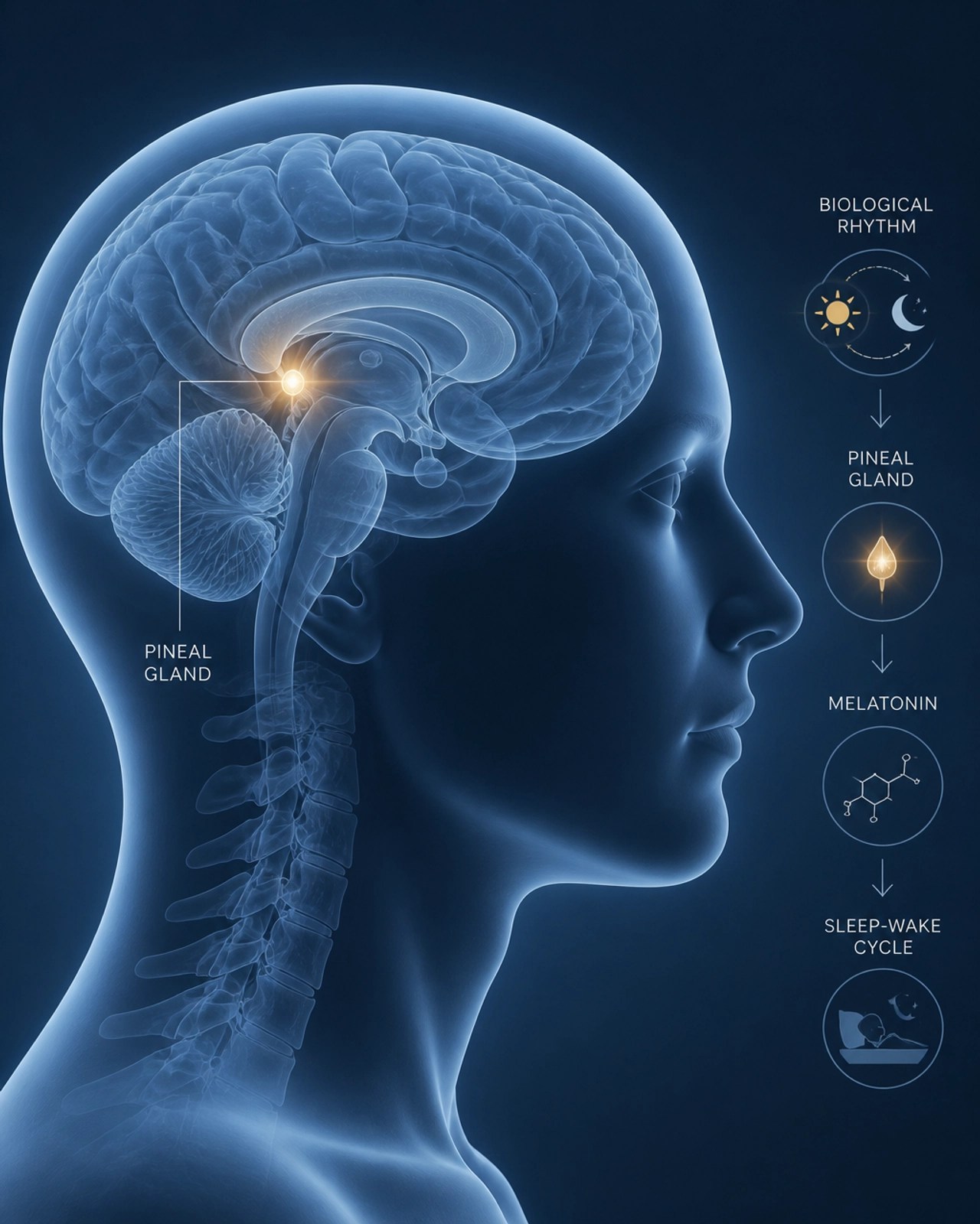 A minimalist side profile of a human head with a glowing pineal gland representing biological rhythm.