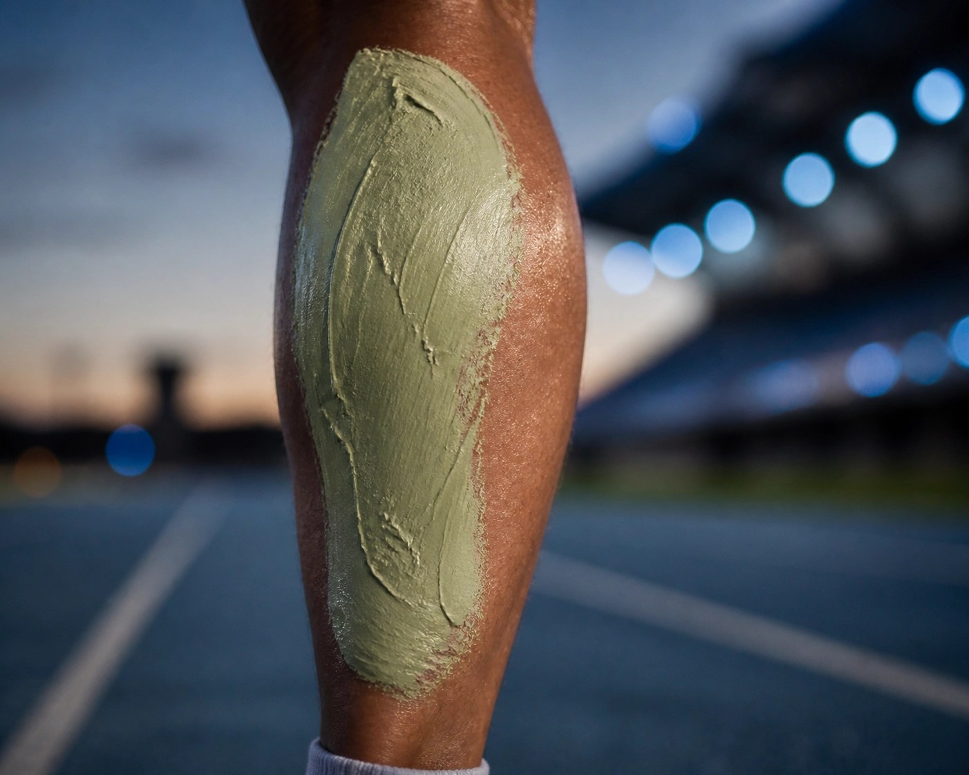 Runner using Clayer green clay on leg muscles for fast sports recovery and inflammation relief.