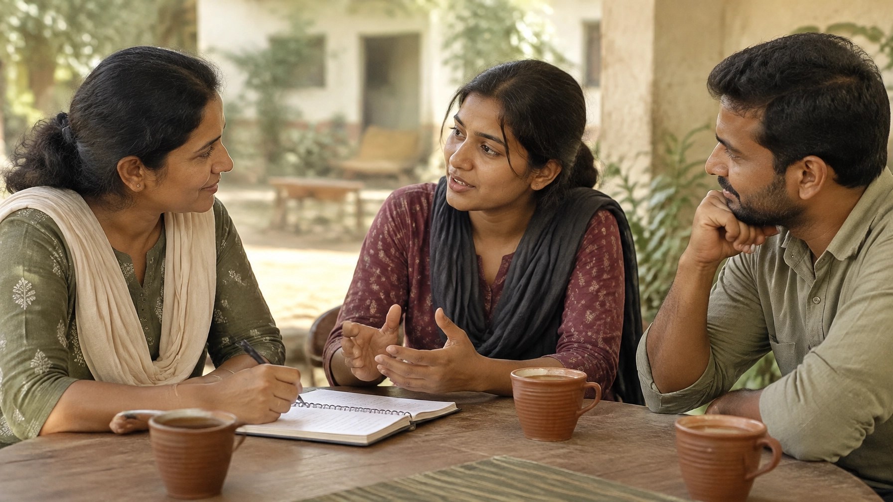 NGO team members and a volunteer discuss feedback and future planning