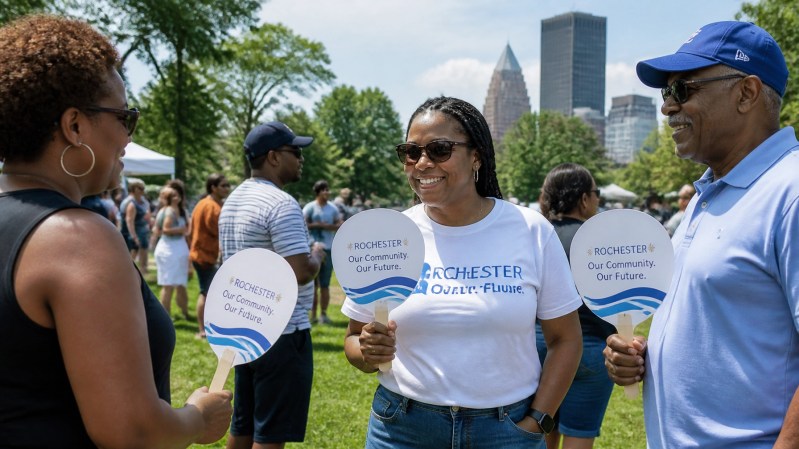 Rochester community members using hand fans at an outdoor summer event