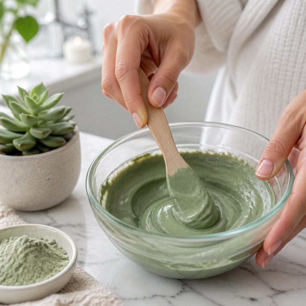 A person's hands mixing green clay powder with water in a glass bowl using a wooden spatula, showing the rich creamy texture.