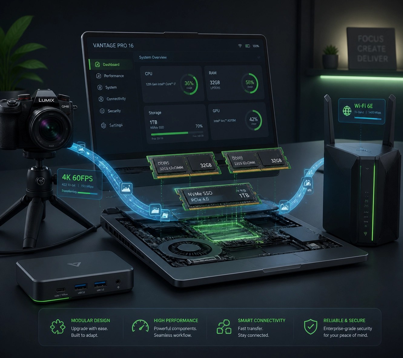 Modern workstation ecosystem with expandable laptop components and integrated networking gear for optimized workflows.