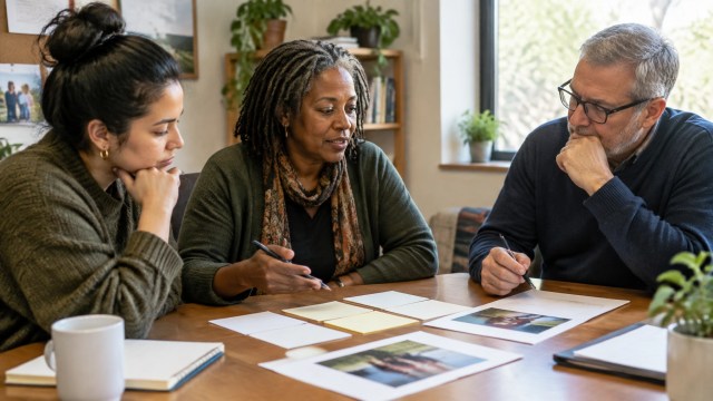 Three nonprofit team members plan donor outreach together around a table in a bright office.