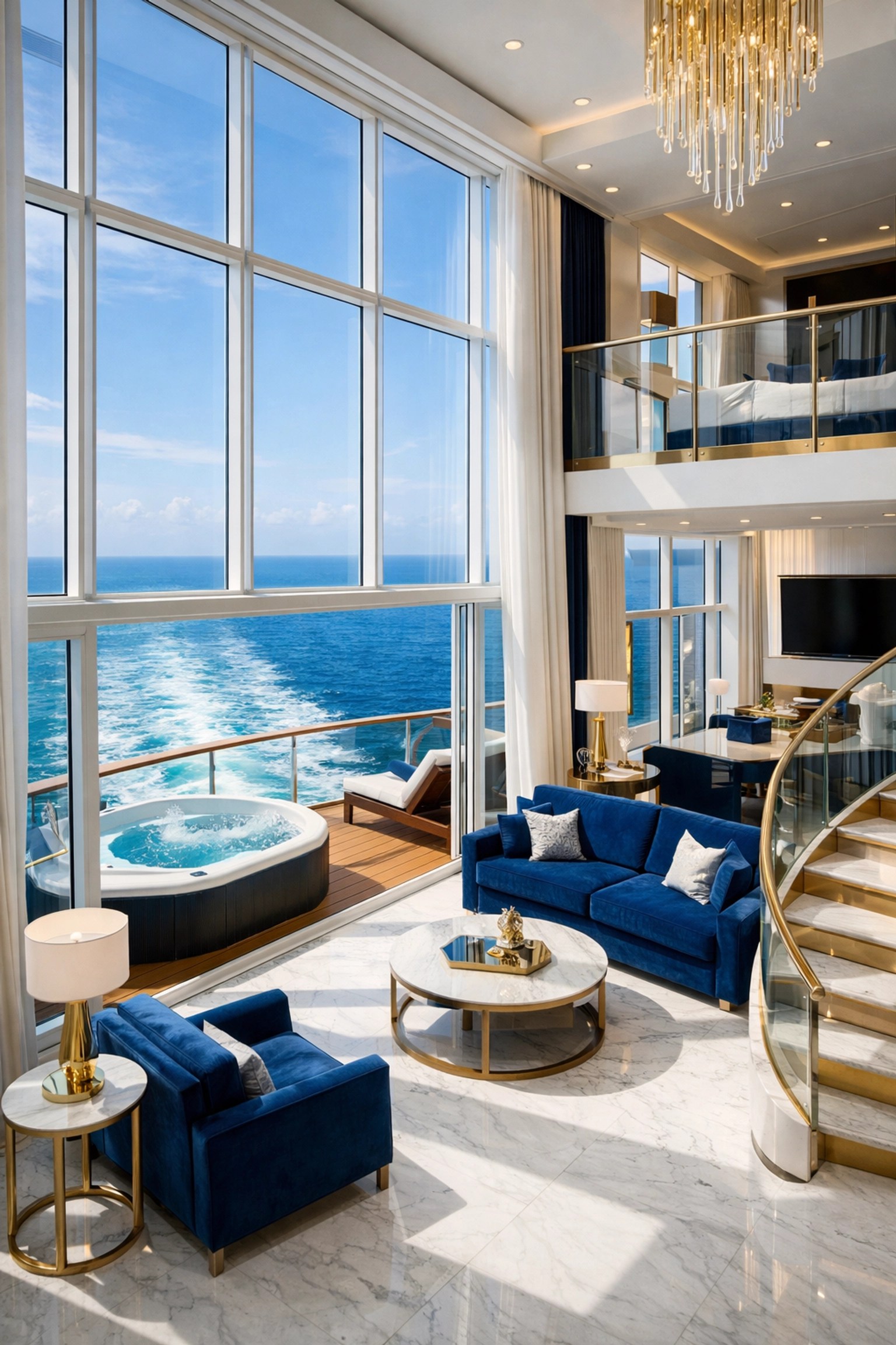 Luxury Royal Caribbean Royal Loft Suite with floor-to-ceiling windows and ocean views for 2026.