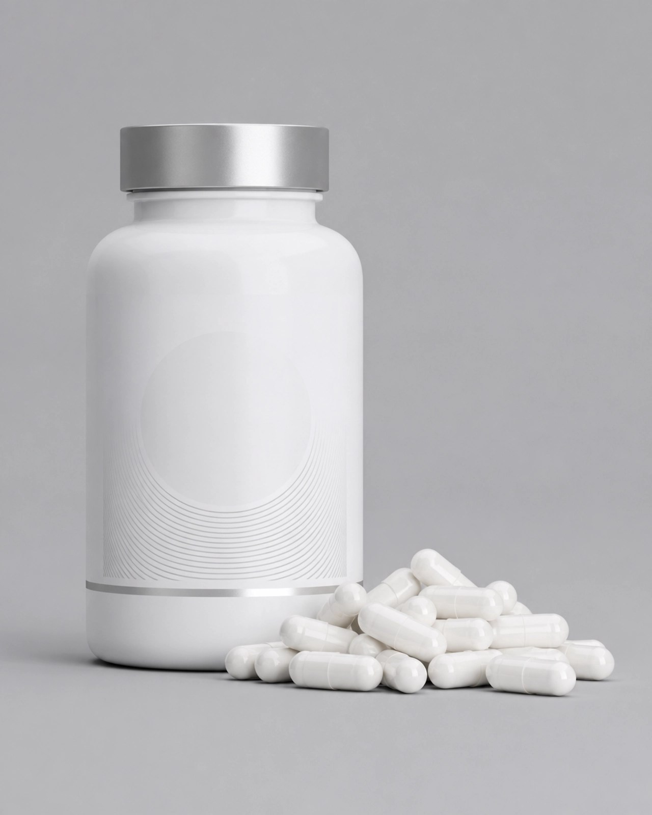 Minimalist product shot of research capsules and bottle