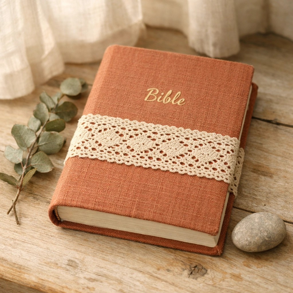 Terracotta linen Bible cover with cream lace trim representing a grounded and organic walk with God.