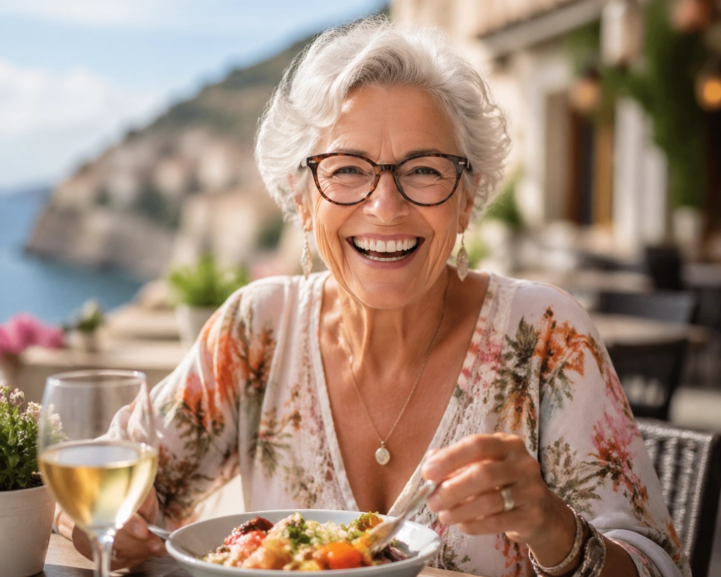 Happy senior woman with glasses showing the importance of Medicare vision and dental benefits for a healthy lifestyle.