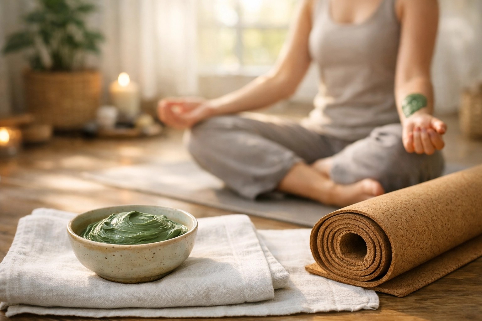 Natural green clay for yoga muscle recovery and inflammation relief in a serene home studio setting.